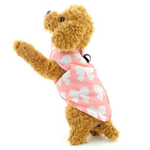 SELMAI Padded Bow Print Vest Coat with Harness Hoop for Small Dog Cat Puppy Pink M
