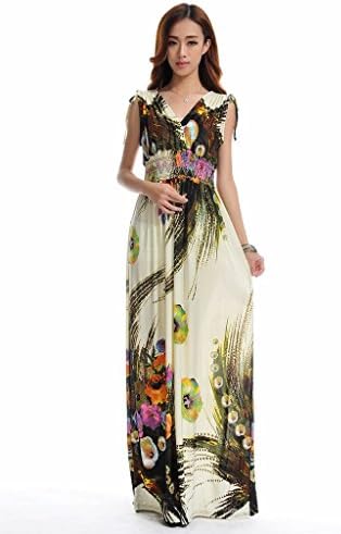 QuietClouds Women Bohemian V-neck Floral Print Maxi Dress Sleeveless Maxi Dress