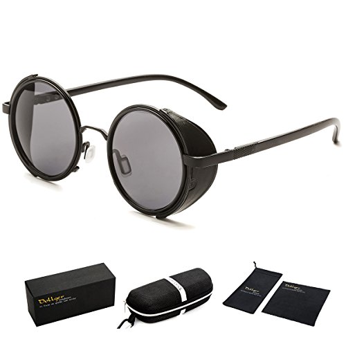 Dollger Steampunk Vintage Retro Sunglasses Metal Circle Frame (Black Lens+Black Frame, 100% UV Protection Lens)