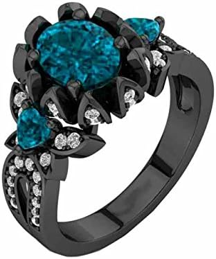 SilverstarJewellery 14k Black Gold Fn Blue Topaz &amp; D/VVS1 Diamond Women's Three Stone Engagement Ring