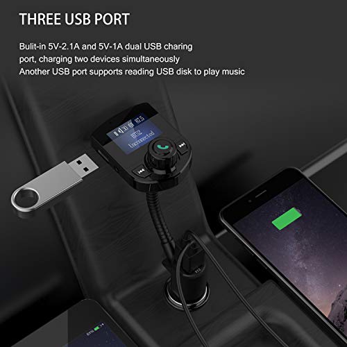 Bluetooth FM Transmitter for Car, Wireless FM Radio Transmitter Adapter Car Kit Dual USB Charging Port Car Charger with Hands Free Calls and 1.44" LCD Display Support Aux Input/Output TF Card USB Disk - Thumbnail 2