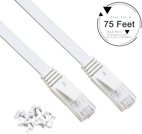 CFCAB Cat 6 (Strand) Copper Ethernet Cable - Flat Slim Ethernet Patch Cable - High Speed Flat Network Cable With Snagless RJ45 Connectors (500 MHz,10 Gbps/s)(75 Feet, White) - 3 Year Warranty
