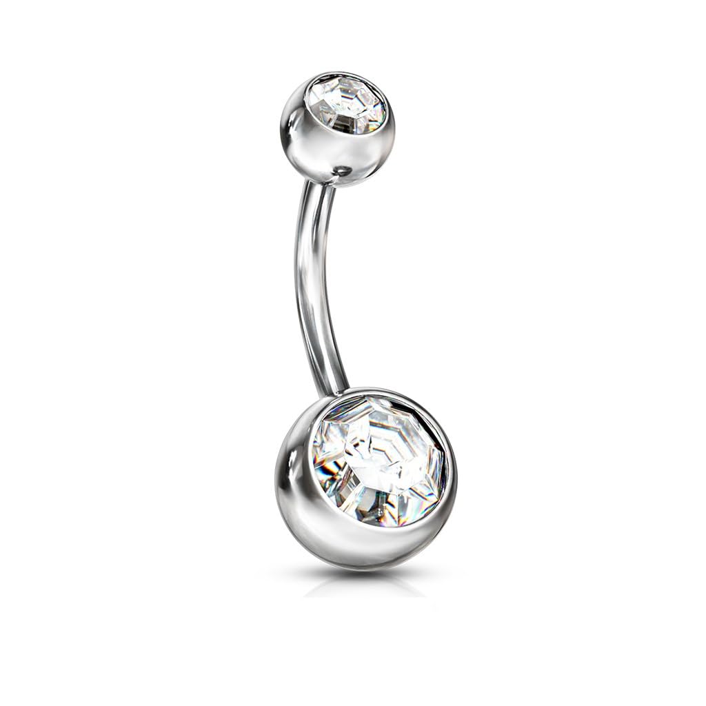 PiercedOff 316L Surgical Stainless Steel 8mm Belly Bar with Externally Threaded 6mm Clear CZ Jewelled Balls