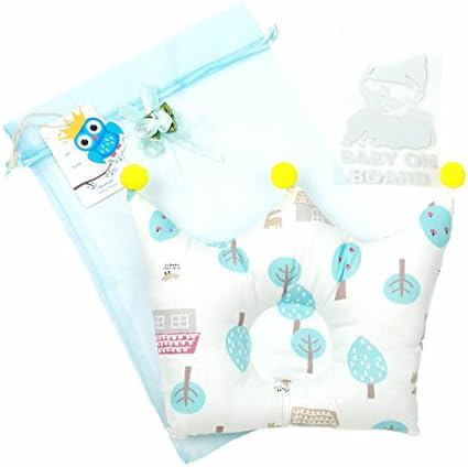 KooCoo Baby Pillow Version2 For Newborn, Cotton Fabric || Protection for Flat Head Syndrome || Come with + A Gift Bag + A Name Tag + A 'Baby on Board' Car Sticker || (Sweet Home Blue )