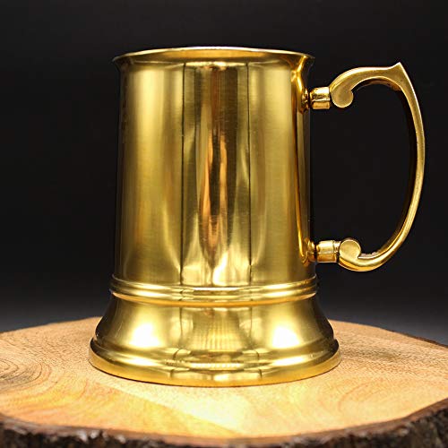 Jodhpuri Handcrafted Stainless Steel Beer Mug with Handle - Shiny Metal Drink Tankard for Beer, Ale, Wine, Mead, Water and Other Beverages -Food Safe Drink Cup - Gold - 16 oz Capacity - Thumbnail 4