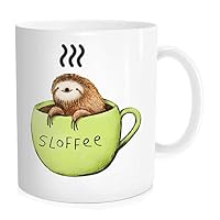 Coffee Mug Tea Cup Inspirational Quote For Men Women - Funny Cute Sloth Sloffee - Fathers Day Mothers Day Birthday Gift for Dad Mom Friends Wife Husband Boy Girl, White Fine-Bone Ceramic 11 oz