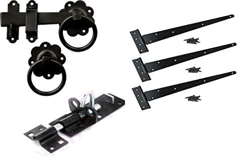 Gate Hinge Kit Fitting Set 16" Hinges Brenton Bolt Ring Latch Wooden Gate Black