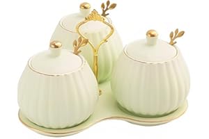 YMYL Set of 3 Porcelain Condiment Pot Sugar Bowl with Lid, Spoon and Tray, Modern Ceramic Seasoning Jars Salt Container for Home Kitchen, Restaurant, Coffee Bar (Light Green)