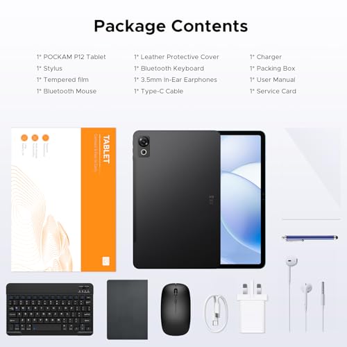 P12 Android 16 Tablets, 120Hz 2.4K 12 Inch Tablet with Gemini AI, 48GB+128GB/TF 2TB android tablets, T7280 Octa-Core, 10000mAh, 8MP+13MP, Face ID, Widevine L1, 3.5mm Headphone, Keyboard, Pen, Black