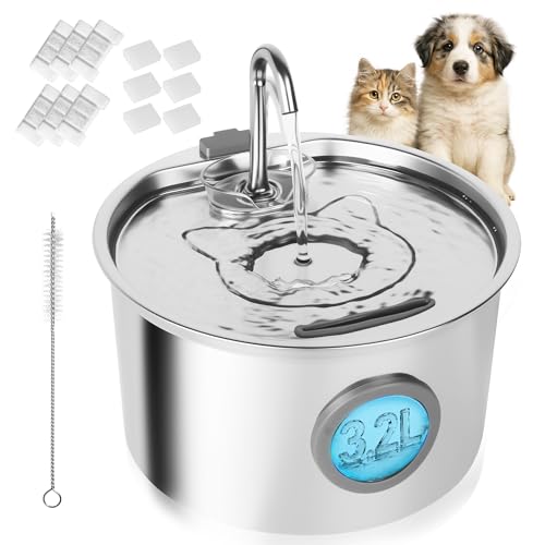 Cat Fountain Stainless Steel 3.2 L, 6 Filters and 6 Sponges | Level window, 0.5W pump and less than 25dB; system with 6 cartridges and 6 pads, detachable for cleaning