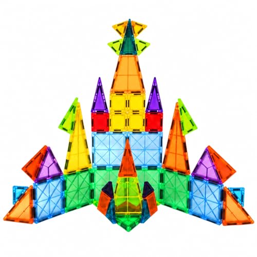 Blocos Magnéticos Infantil 50 Peças Coloridas Translúcidas de Montar, Brinquedo Didático Construção 2D 3D Educação STEM, Desenvolvimento Cognitivo, Criatividade, Coordenação Motora, Raciocínio Lógico