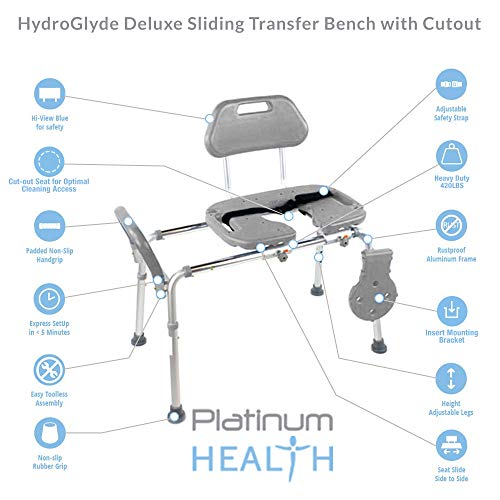 Sliding Shower Chair HydroGlyde Premium Heavy Duty, Padded Bathtub Transfer Bench with Cut Out