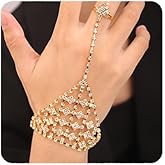 YERTTER Elegant Rhinestone Bridal Slave Chain Link Bracelet Silver Gold Crystal Wedding Hand Harness Bangle Finger Rings Adjustable Hand Jewelry Accessories for Women and Girls, Rhinestone Crystal