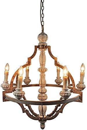 Lighting Rising 6-Light Wooden Sculpture Chandelier Vintage Style Ciling Lamp Candle Bulbs Pendant Light with 39 Inch Adjustable Chain, Burlywood