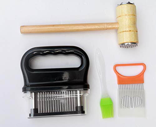 Meat Tenderizer, 48 Stainless Razor sharp Steel Needle Blade For Tenderizing,BBQ,Steak,With Tenderizer Hammer, Pastry Brushes & Onion Slicer Holder