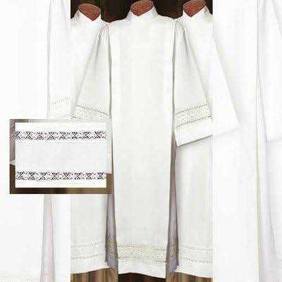 Clergy Front Wrap Alb: Beau Veste Smooth Poplin Polyester with One Inch Woven Lace Bands on Cuffs and Bottom of Garment (Men's Size Large) #SL4772