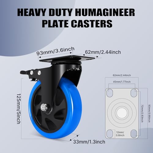Humagineer 125 mm Furniture Casters with 4 Brakes, Heavy Duty Wheels for Heavy Loads, 1000 kg, Polyurethane Wheels with Double Brake, Silent and Durable Route for Furniture, Trolleys, Set of 4
