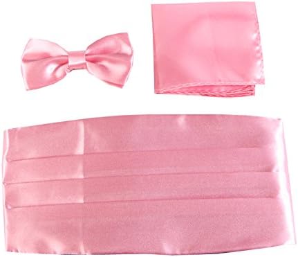 Keywin Men's Poly Satin Formal Bow Tie &amp; Pocket Square &amp; Cummerbund Sets Tuxedo Prom Wedding (Dark Pink)