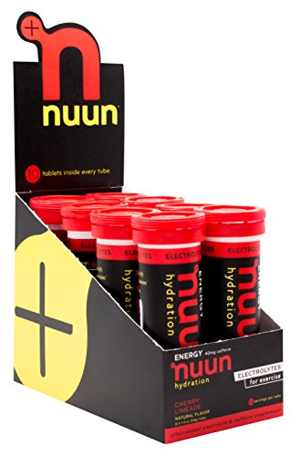 Nuun Hydration: Electrolyte + Caffeine Drink Tablets. Cherry Limeade, Box of 8 Tubes (80 servings). Energy w/ 1g Sugar, Low Calorie (10), Gluten Free, Vegan. Potassium, Magnesium, Sodium & Calcium