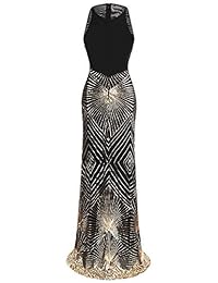 Angel-fashions - Vestido largo de noche con lentejuelas doradas para mujer