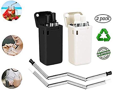 2 Pack Stainless Steel Straws,Professional Foldable Food Grade Drinking Straws, Reusable Folding Straws Portable Set with Keychain Hard Case Holder and Cleaning Brush (White+Black)