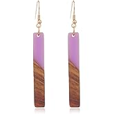 Retro Wooden Resin Geometric Bar Drop Dangle Earrings Two Tone Handmade Natural Wood for Women Lightweight Bohemian Statement Jewelry