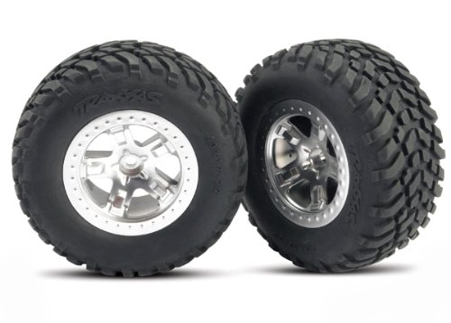 Traxxas 5873 SCT Off-Road Racing Tires Pre-Glued on SCT Satin Chrome, Beadlock-Style Wheels, TSM Rated (pair)
