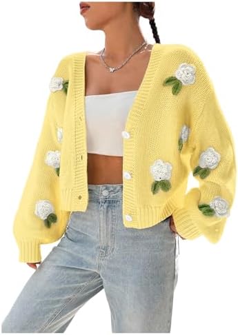 Women's 3D Flowers Embroidered Sweater V-Neck Button Down Y2K
