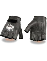 MOTORCYCLE FLAMES EMBROIDERED BLACK NEW GLOVES SKULL & BIKE LEATHER FINGERLESS(M)