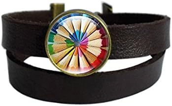 Colorful Pencils Stationery Dark Brown Leather Charm Bracelet Keychain Round Glass Cabochon Dome Pendant Stainless Steel Metal Handmade Wrap Around Wristband Bangle for Women Men Best Friend