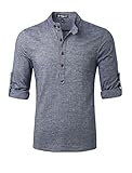 Allegra K Men Long Roll Up Sleeves Grandad Collar Henley Shirt Light Cool Gray M