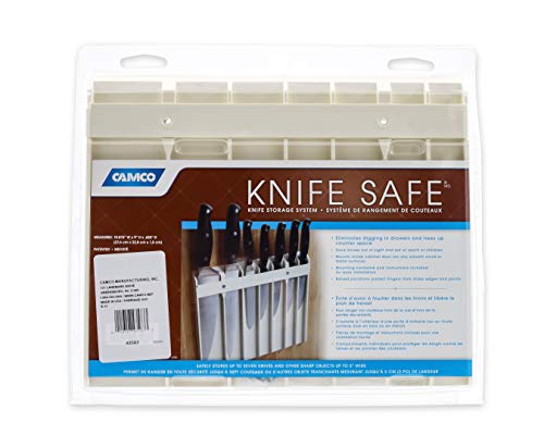 Camco Knife Safe - Securely Mounts on Wood or Metal Surfaces, Holds 7 Cooking and Carving Knives, Organize and Store Knives While Creating Space - (9" x 11") Beige (43583)