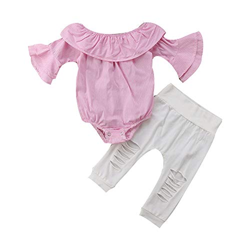 Baby Girl Romper Set,SMALLE◕‿◕ 2019 Baby Girl Striped Bell Sleeve Tops Romper+Ripped Pants Outfits Clothes Set Pink