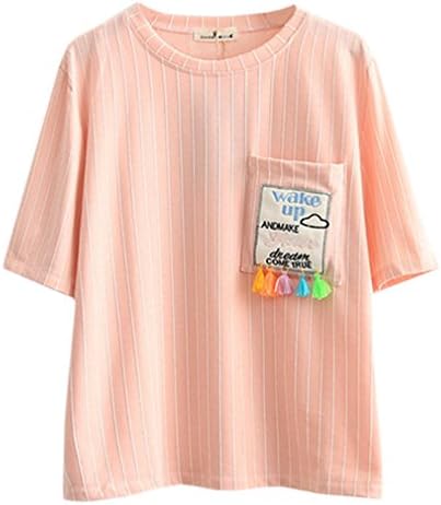 Women's Summer Kawaii Big Pocket Pastel Clouds Embroidery Short Sleeve Tees,Pink