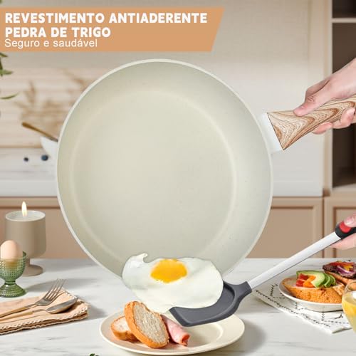 HEEDU Juego de 3 Sartenes con Recubrimiento Antiadherente, Sartén Antiadherentes de Granito Blanco, Libre de PFOS y PFOA, Apto para todas las estufas (20 cm y 24 cm y 28 cm)
