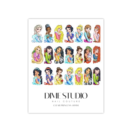 Cute Cartoon Princess Nail Art Decals Jasmine Ariel Elsa Clear Water Transfer Nail Wraps for Acrylic Gel X Press On Nail Extensions Manicure Accessories (30MM Shorty)