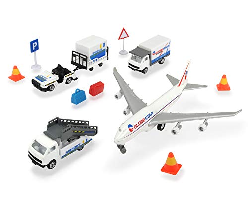 DICKIE 186390 Toys Flughafen Spielzeugset, Airport Set bestehend aus 3 Autos, 1 Flugzeug, Zubehör, gesamt 13 Teile, für Kinder ab 3 Jahren