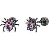 Punk CZ Spider Cartilage Tiny Stud Earrings Stainless Steel Pink Black Golden Plated Animal Crystal Love Heart Screw Flat Back Tragus Helix Studs Earring Cute Gothic Halloween Party Jewelry Gifts 18G