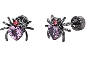IZPACK Punk CZ Spider Cartilage Tiny Stud Earrings Stainless Steel Pink Black Golden Plated Animal Crystal Love Heart Screw Flat Back Tragus Helix Studs Earring Cute Gothic Halloween Party Jewelry Gifts 18G