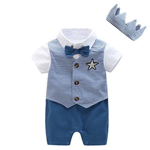 Baby Boy Gentleman Rompers Outfits, Infant 1Pcs Short Sleeve Jumpsuits with Suit Vest & Bowtie and Crown Headband