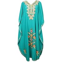 Mogul Interior Womens Caftan Maxi Dress Blue Designer Embellished Kaftan One Size