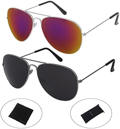 PictetW Classic Aviator Metal Frame Mirror Lens Sunglasses and Black Cloth Protective Bag (Black+Purple, 56)