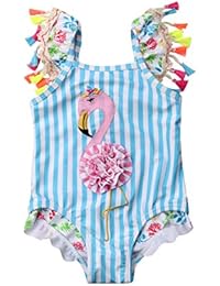Kids Toddler Baby Girl One Piece Swimsuit Beach Wear Striped Flamingo Tassels Swimwear Bathing Suits 4-5 Years Blue/Pink