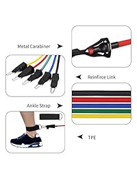 Juego de bandas de resistencia, 11 piezas, 5 bandas apilables, bandas de ejercicio, 1 anclaje de puerta, 2 correas de tobillo, 2 asas de espuma y una bolsa de transporte para entrenamiento de resistencia, terapia física y entrenamiento en el hogar