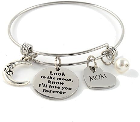 Liuanan Look to the moon, i love you forever Stainless Steel Initial Disc Expandable Wire Bracelet Bangle for Dad &amp; Mom Gift (Mom)