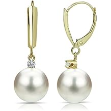 14k Yellow Gold 1/10cttw Diamond with Round White Freshwater Cultured Pearl Lever-Back Dangle Earrings