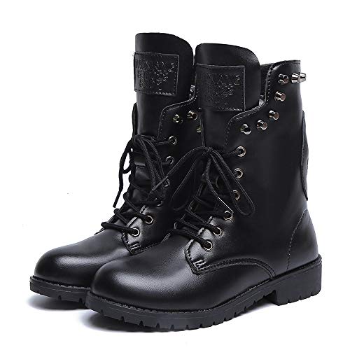 Hunzed Women【Leather Round Toe Lace-Up Boots】Women Military Knit Ankle Cuff Low Heel Combat Boots (5.5 M US, Black)