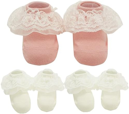 baptism socks for girls newborn white lace dress christening socks 3 packs (White pink, 0-3 months)