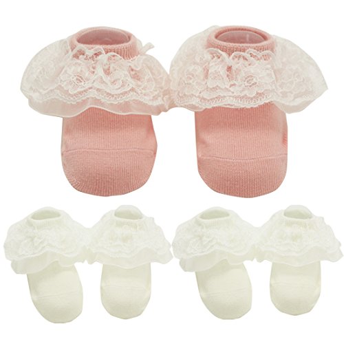 baptism socks for girls newborn white lace dress christening socks 3 packs (White pink, 0-3 months)