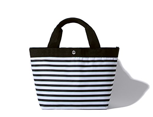 Flowertree Women's Waterproof Canvas PVC Coated Lunch Tote Bag Black & White Stripes +Box Package